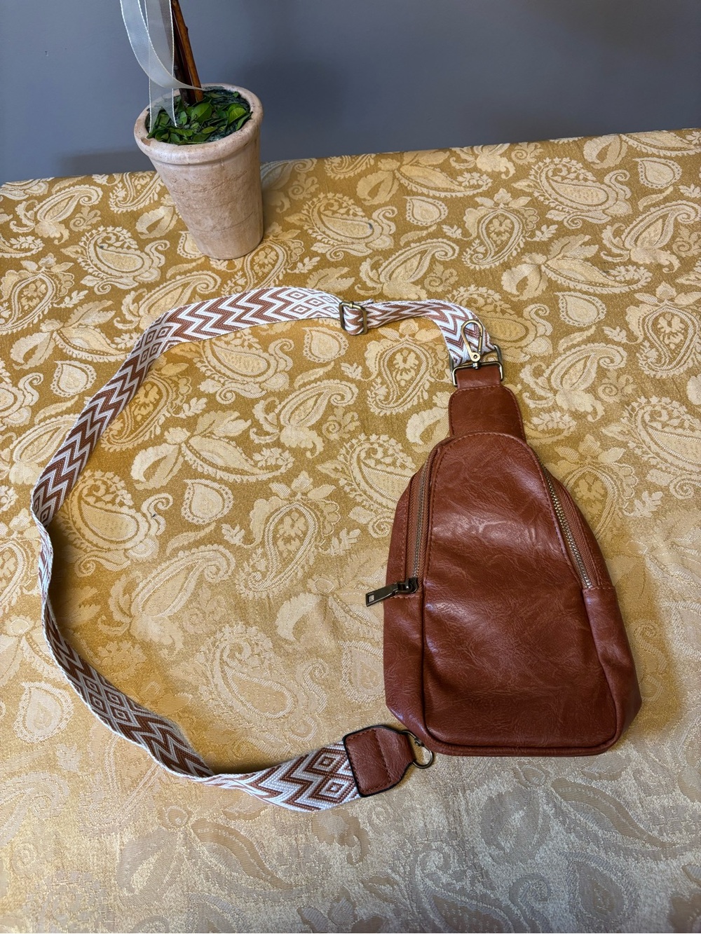 Brown Crossbody Sling Bag with Patterned Strap